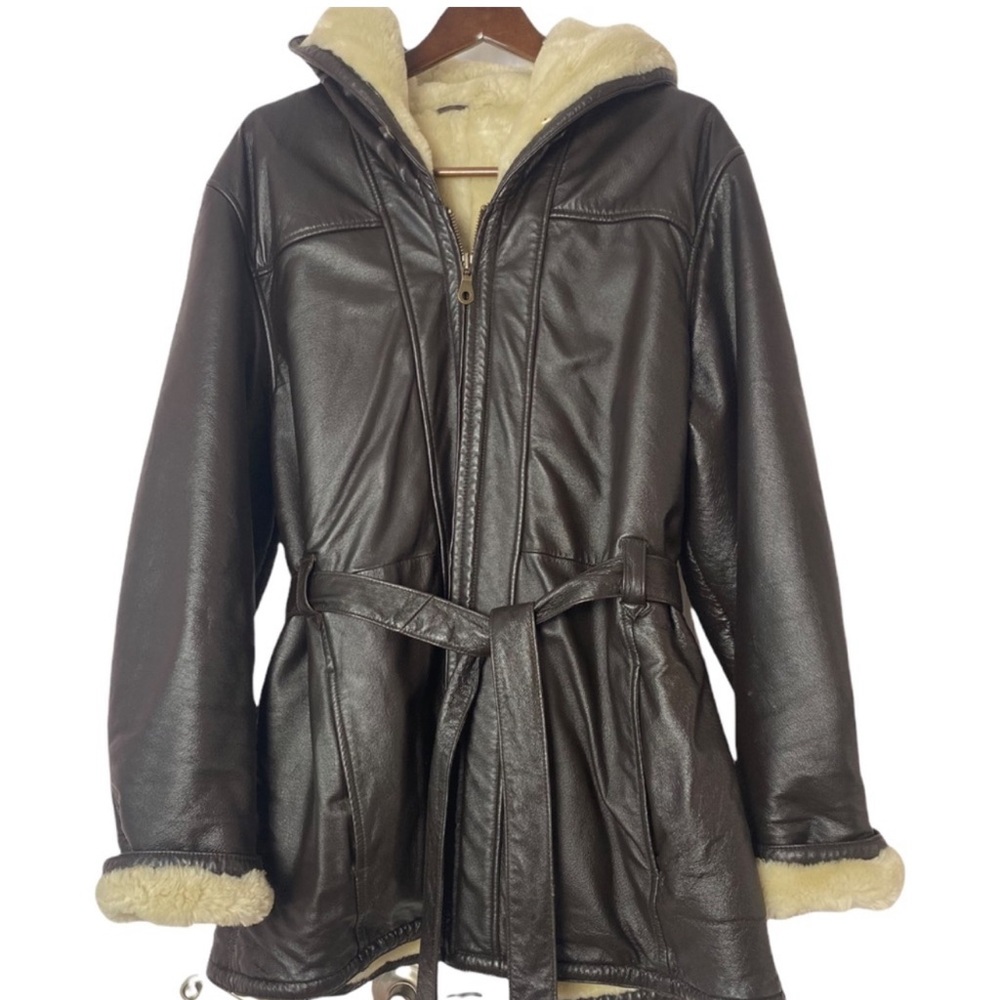 WILSONS LEATHER Heavyweight Hooded, Belted Fur Lined Leather Jacket 2X